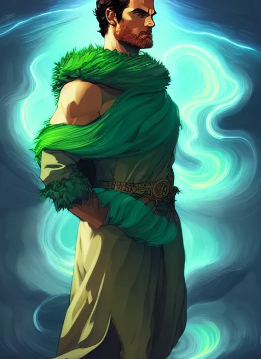Image similar to style artgerm, joshua middleton, illustration, henry cavill as a warrior monk wearing green pelt light armor, blue hair, swirling water cosmos, fantasy, dnd, cinematic lighting