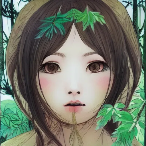 Prompt: detailed cute girl in a forest, style from aoshima chiho, detailed face