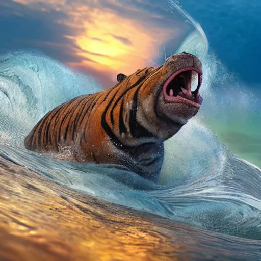 Image similar to a closeup photorealistic photograph of a happy tiger hippopotamus surfing a large wave during sunset. surf in the background. professional capture. brightly lit scene. this 4 k hd image is trending on artstation, featured on behance, well - rendered, extra crisp, features intricate detail, epic composition and the style of unreal engine.