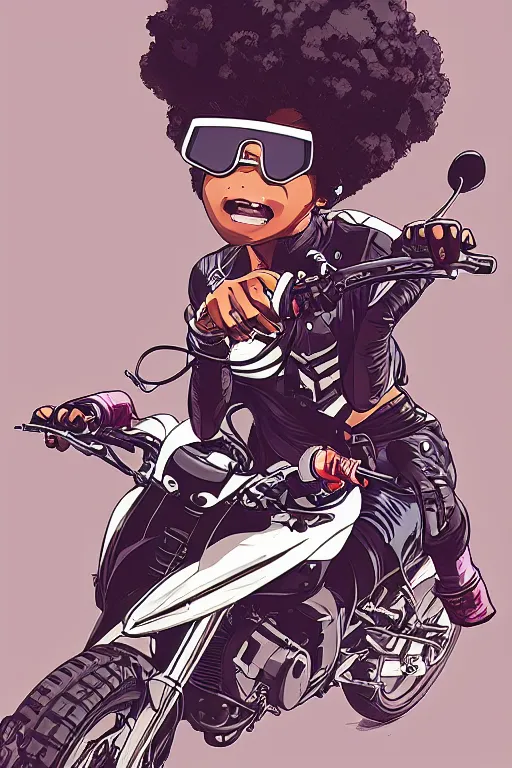 Prompt: black woman with goggles riding motorbike, afro hair, ilya kuvshinov, jamie hewlett, yoji shinkawa, muted colors, clean lines, bold linework, beautiful detailed illustration, 17th century oil painting, flat colors, studio ghibli, cel shading,