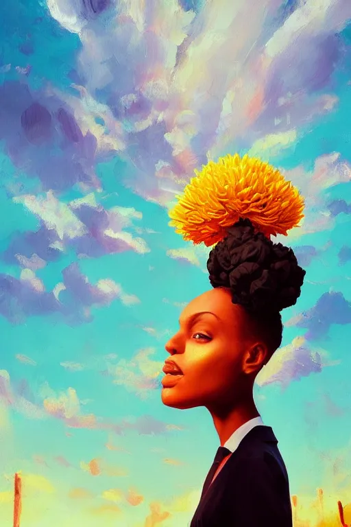 Image similar to closeup, giant flower as head, black woman in suit, surreal photography, golden hour, colorful clouds, impressionist painting, digital painting, artstation, simon stalenhag