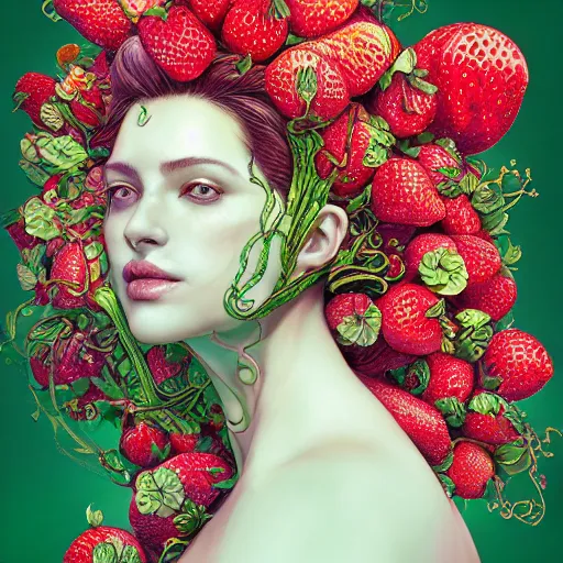 Prompt: the portrait of an absurdly beautiful, graceful, elegant, curvy woman made of strawberries and green petals, an ultrafine hyperdetailed illustration by kim jung gi, irakli nadar, intricate linework, bright colors, octopath traveler, final fantasy, angular, unreal engine 5 highly rendered, global illumination, radiant light, detailed and intricate environment