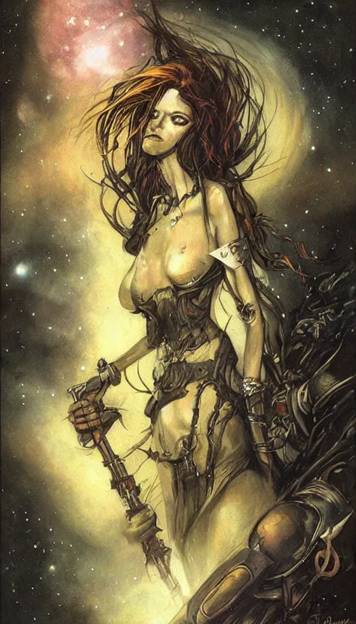 Image similar to portrait of female space pirate, night sky background, beautiful! coherent! by brom, by brian froud, deep color, strong line, high contrast