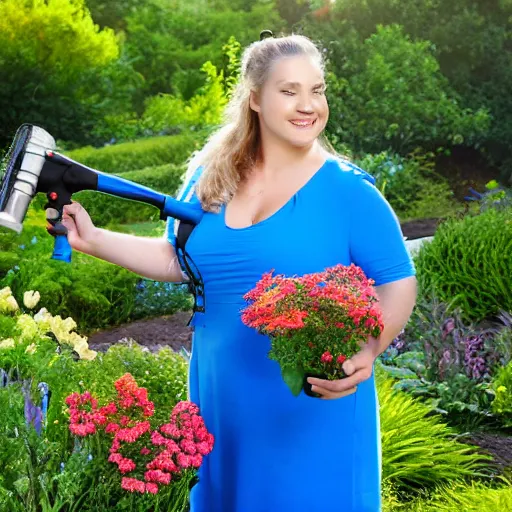 Image similar to slightly overweight woman with a ponytail wearing a blue dress with a flower pattern watering plants with a hose, photorealistic, 4k, high quality, beautiful