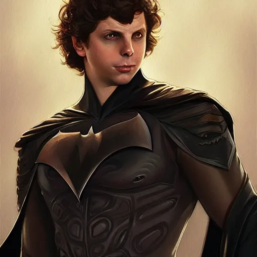 Image similar to handsome Michael Cera as Batman, western, D&D, fantasy, intricate, elegant, highly detailed, digital painting, artstation, concept art, matte, sharp focus, illustration, art by Artgerm and Greg Rutkowski and Alphonse Mucha