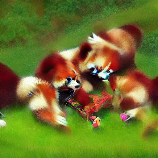 Image similar to very cute friendly happy high energy red pandas at a garden party playing croquet, artwork by mark brooks, digital art, 8K, 4K