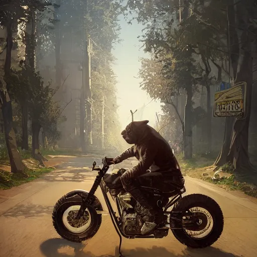 Image similar to highly detailed portrait of a biker rabbit in gta v, stephen bliss, unreal engine, fantasy art by greg rutkowski, loish, rhads, ferdinand knab, makoto shinkai and lois van baarle, ilya kuvshinov, rossdraws, tom bagshaw, global illumination, radiant light, detailed and intricate environment