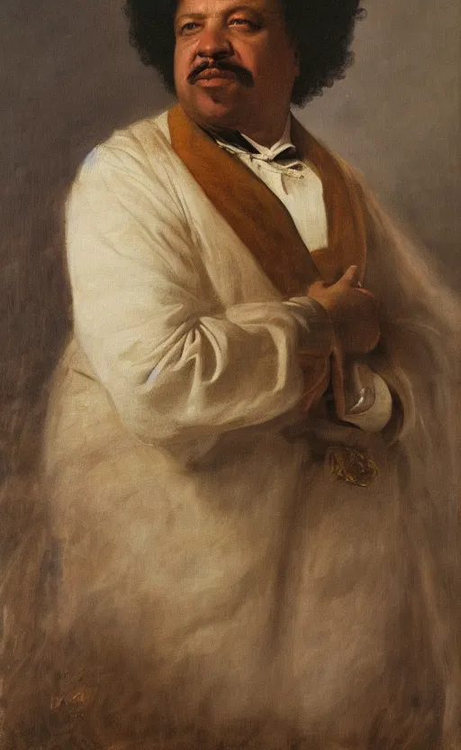 Image similar to Portrait of Alexandre Dumas, oil on canvas, highly detailed, by Kramskoy, 8k