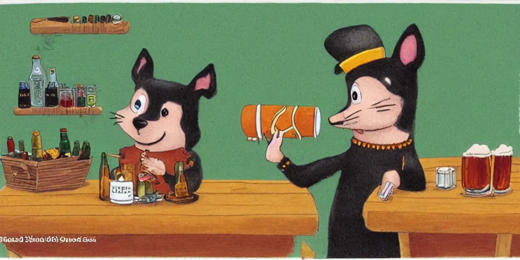 Prompt: a small black dog drinking beer by richard scarry