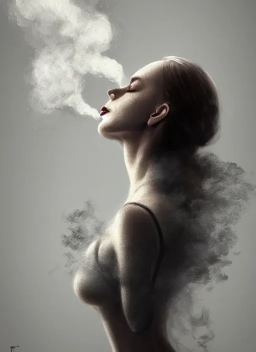 Image similar to fullbody portrait of finnish woman made partly out of smoke vanishing slowly as an smoke to the air, realistic smoke, elegant, highly detailed, digital illustration, trending in artstation, trending in pinterest, glamor pose, concept art, smooth, sharp focus, art by artgerm and greg rutkowski