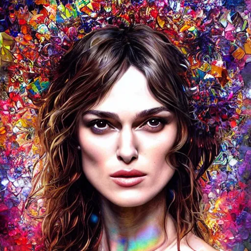 Prompt: Keira Knightley Portrait by Lisa Frank, Karol Bak Sandra Chevrier and GMUNK, beautiful digital art