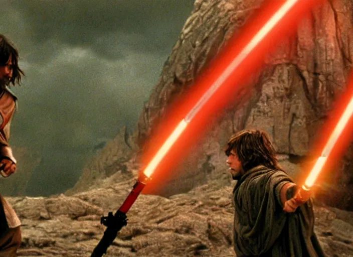 Image similar to Brutal combat Aragorn vs Luke Skywalker. Film still. Aragorn on the left side and Luke Skywalker with red light saber on the right side in the middle earth near broken X-wing ship, high detail