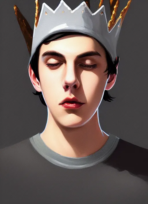 Image similar to portrait of teenage jughead jones wearing a light grey crown, crown, hamburger background, eyes closed, crown, black hair, intricate, elegant, glowing lights, warm lighting, highly detailed, digital painting, artstation, concept art, smooth, sharp focus, illustration, art by wlop, mars ravelo and greg rutkowski