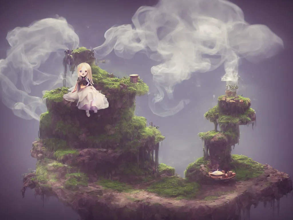 Prompt: cute fumo plush gothic maiden girl sitting on a floating island, isometric projection, wisps of smoke and volumetric fog, vignette, vray