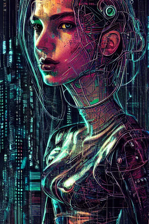 Image similar to dreamy cyberpunk girl, abstract black leather, digital nodes, beautiful woman, detailed acrylic, grunge, intricate complexity, by dan mumford and by alberto giacometti, peter lindbergh