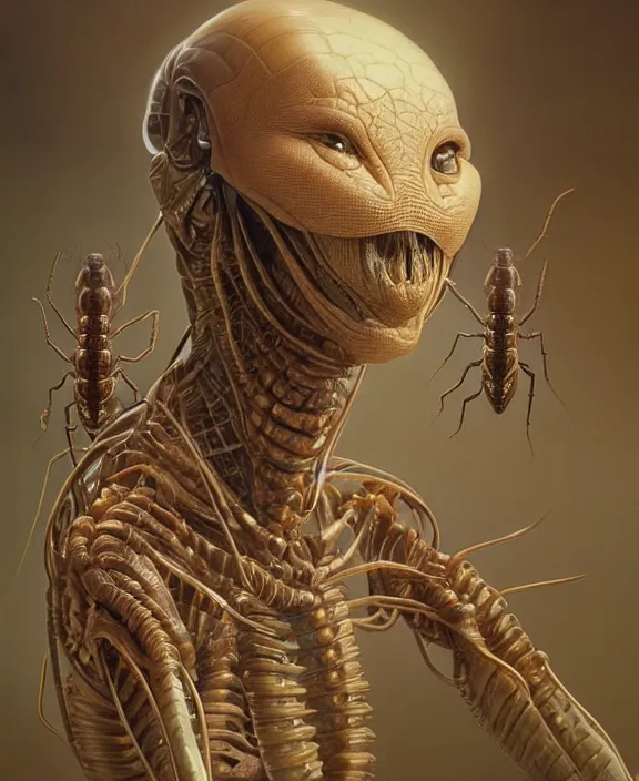 Image similar to intricate earth - toned portrait of a disturbing terrifying alien insect creature, mottling coloring, adorable, childlike, medical equipment hospital environment, ultra realistic, concept art, art nouveau, photorealistic, octane render, 8 k, unreal engine. art by christopher marley and artgerm and greg rutkowski and alphonse mucha