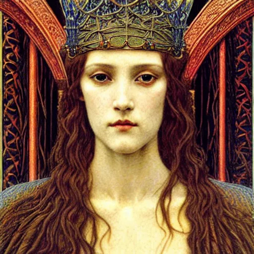 Image similar to detailed realistic beautiful young medieval queen portrait by jean delville, art nouveau, symbolist, visionary, gothic