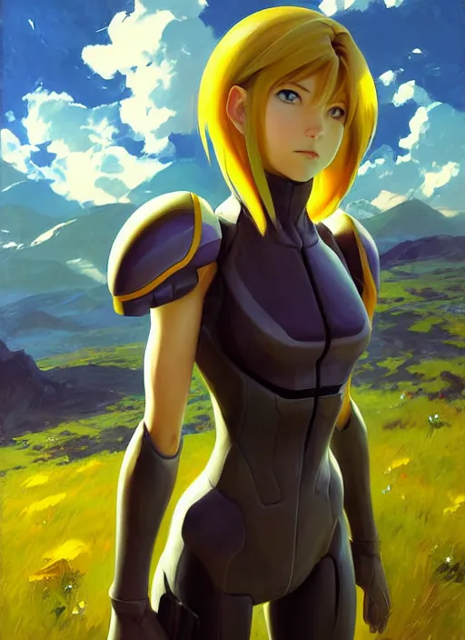 Prompt: Makoto Shinkai painting of Samus from Metroid Prime, countryside, calm, fantasy character portrait, dynamic pose, above view, sunny day, thunder clouds in the sky, artwork by Jeremy Lipkin and Giuseppe Dangelico Pino and Michael Garmash and Rob Rey, very coherent asymmetrical artwork, sharp edges, perfect face, simple form, 100mm