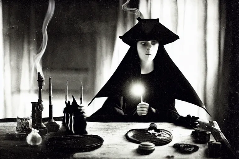 Image similar to close up portrait, dramatic lighting, concentration, calm confident teen witch and her cat, tarot cards displayed on the table in front of her, sage smoke, magic wand, a witch hat cloak, apothecary shelves in the background 1 9 2 0's photo, damaged film