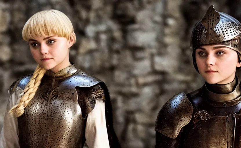 Image similar to annasophia robb as joan of arc, bowl haircut, game of thrones