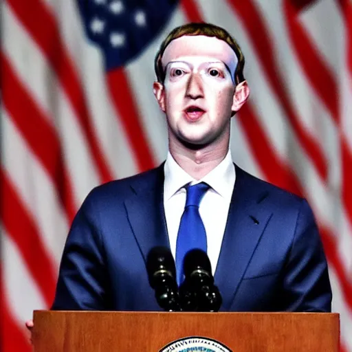 Image similar to mark zuckerberg as the president of the united states wearing a suit standing at the presidential podium