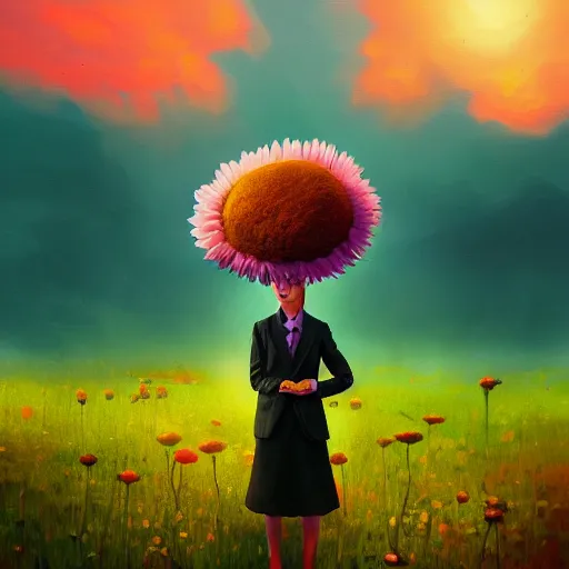 Prompt: giant daisy flower head, frontal, a girl in the suit, surreal photography, sunrise, dramatic light, impressionist painting, digital painting, artstation, simon stalenhag