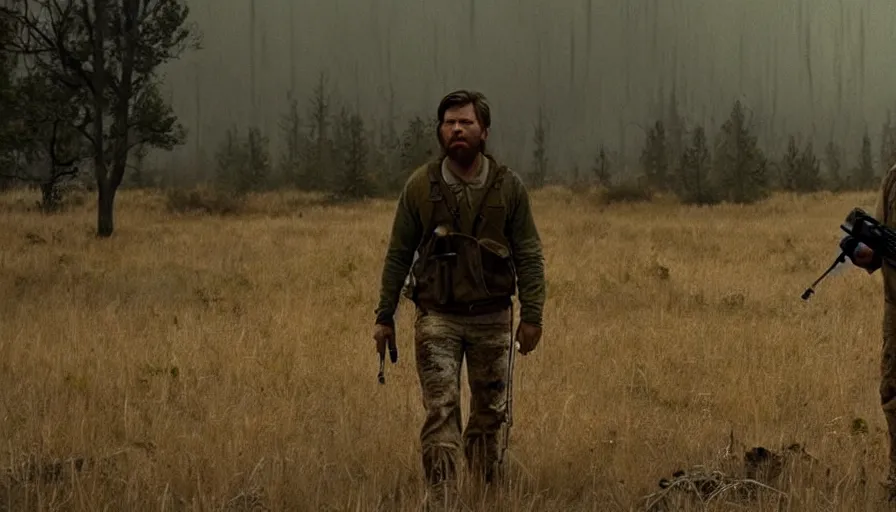 Prompt: lone survivor man holding a walkie!! in post - apocalyptic nature landscape. movie screenshot. lush composition by wes anderson, shallow depth of field, cinematic. cinematic composition