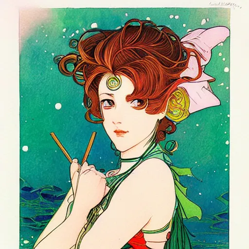 Prompt: the sailor jupiter. beautiful, realistic painting by mucha and kuvshinov and bilibin. watercolor, ink lining, vivid colors