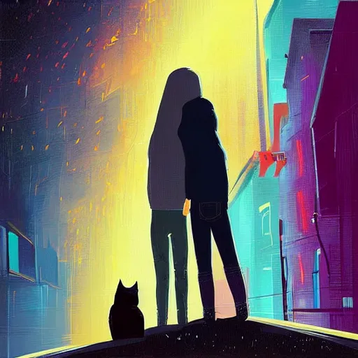 Prompt: a teenage girl and a teenage boy and a cat, art by Alena Aenami