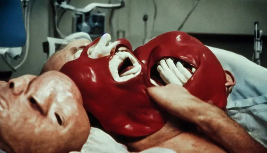 Image similar to 70s movie still of a man with red mask in hospital with a deep spiral in the mouth, eastmancolor, heavy grain, high quality, higly detailed, liminal space