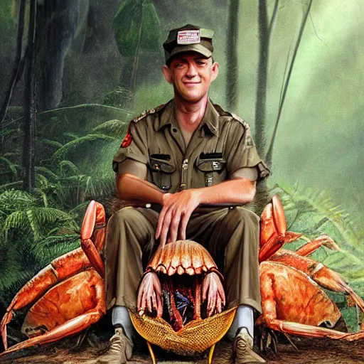 Image similar to Tom Hanks as forrest gump sitting on a giant shrimp in the jungle, realistic digital painting, in the style of Frederic St-Arnaud, photoreailstic, realistic face, amazing detail, sharp