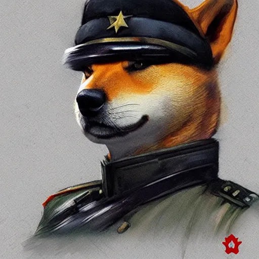 Image similar to portrait of a communist shiba inu dog as a political commissar, tragic, elegant, fantasy, hd shot, digital portrait, beautiful, artstation, comic style, by artgerm, guy denning, jakub rozalski, magali villeneuve and charlie bowater