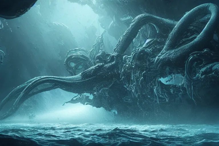 Image similar to dark underwater alien ocean, squidlike aliens, hyper realistic, ambient lighting, concept art, intricate, hyper detailed, smooth, dynamic volumetric lighting, octane, raytrace, cinematic, high quality, high resolution, 4 k, cgsociety, rutkowski, gurney, giger