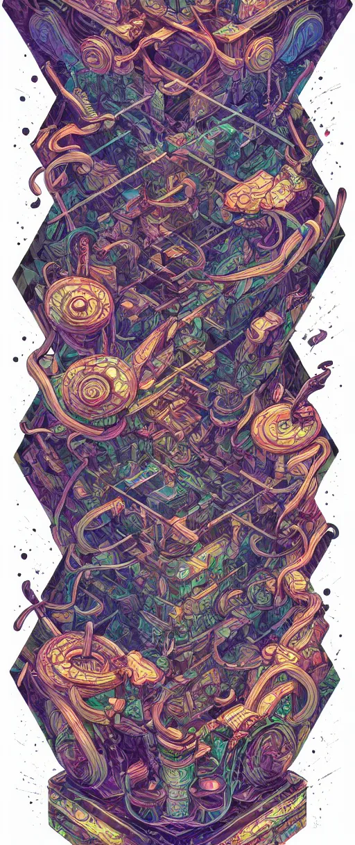 Prompt: archaic twisted turn of fate abstraction, centered award winning ink pen illustration, isometric abstract illustration by dan mumford, edited by craola, technical drawing by beeple and tooth wu, tiny details by artgerm and watercolor girl, symmetrically isometrically centered