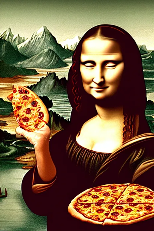 Prompt: woman holding a slice of pizza in her hands, the slice of pizza is held in mid air, near her face, in the artistic style of mona lisa