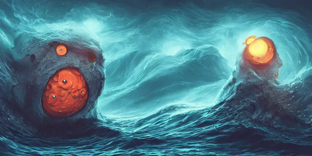 Image similar to of a stormy ocean with strange cute friendly happy creatures with huge eyes, mouth, long tongue, round teeth and goofy face, appearing from the background, in the style of gehry and gaudi, macro lens, shallow depth of field, ultra detailed, digital painting, trending artstation, concept art, illustration, cinematic lighting, photorealism, epic, octane render