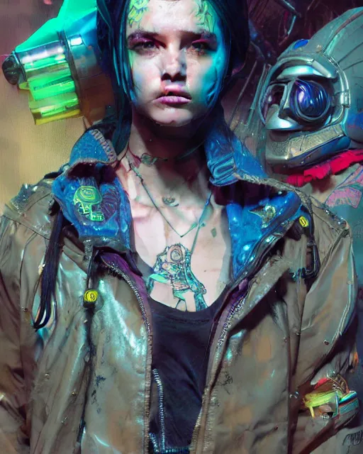 Image similar to detailed portrait Young Rebel Girl cyberpunk futuristic ((neon)) tattoes, yakuza, styled hair Reflective puffy sheen film jacket, decorated traditional ornaments by ismail inceoglu dragan bibin hans thoma greg rutkowski Alexandros Pyromallis Nekro Alphonse Mucha illustrated Perfect face, fine details, realistic shaded, fine-face, pretty face