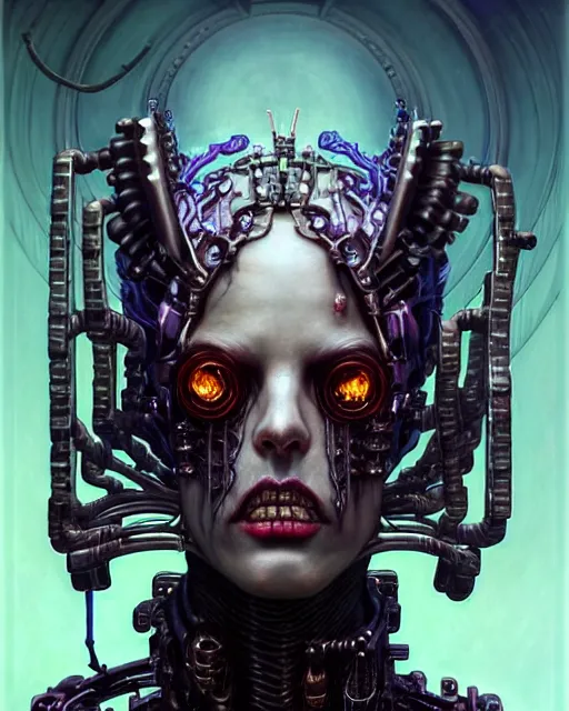 Image similar to front shot of a cyberpunk dead demon mastermind character, intricate, elegant, highly detailed, centered, (((artstation, concept art, smooth, sharp focus, artgerm, Tomasz Alen Kopera, Peter Mohrbacher, donato giancola, Joseph Christian Leyendecker, WLOP, Boris Vallejo))), mugshot!!!!!, ugly!!!!!!, octane render, nvidia raytracing demo, grainy, muted