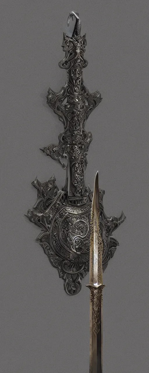 Image similar to sword of justice hanging on a wall, ornate gem in pommel, engraved blade, serrated point, herringbone floor, low angle, museum display, greg rutkowski