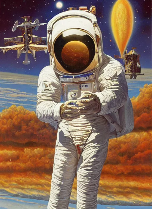 Prompt: a white labradoodle astronaut, large scale painting by robert mccall and vladimir kush