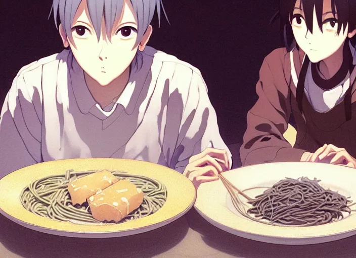 Image similar to a film still portrait of a plate with soba and udan, finely detailed features, closeup at the food, perfect art, at a dinner table, gapmoe yandere grimdark, trending on pixiv fanbox, painted by greg rutkowski makoto shinkai takashi takeuchi studio ghibli, akihiko yoshida