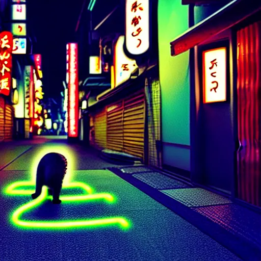 Image similar to a cat waking in a neon light street, in japan, 4 k, high definition wallpaper