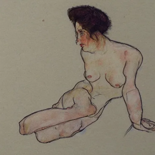 Image similar to pencil, ink and colour wash life drawing of reclining female, in the style of egon schiele