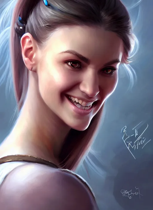 Image similar to a _ fantasy _ style _ portrait _ painting _ of white girl, dark ponytail hair, smiling, round face, rpg dnd oil _ painting _ unreal _ 5 _ daz. _ rpg _ portrait _ extremely _ detailed _ artgerm _ greg _ rutkowski _ greg