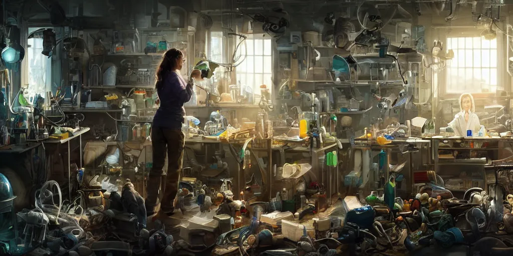 Image similar to an environmental concept art of a female scientist building an android in a cluttered workshop, highly detailed, cinematic, dramatic lighting, close shot, rule of thirds by francis tneh