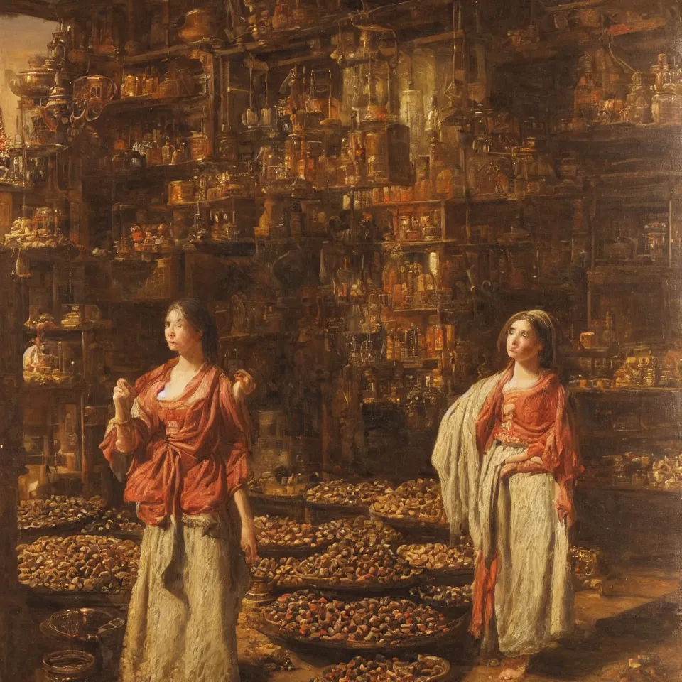 Prompt: young woman standing in a spice market at night by johann mongels culverhouse, oil on canvas, masterful intricate artwork, high detail 8 k