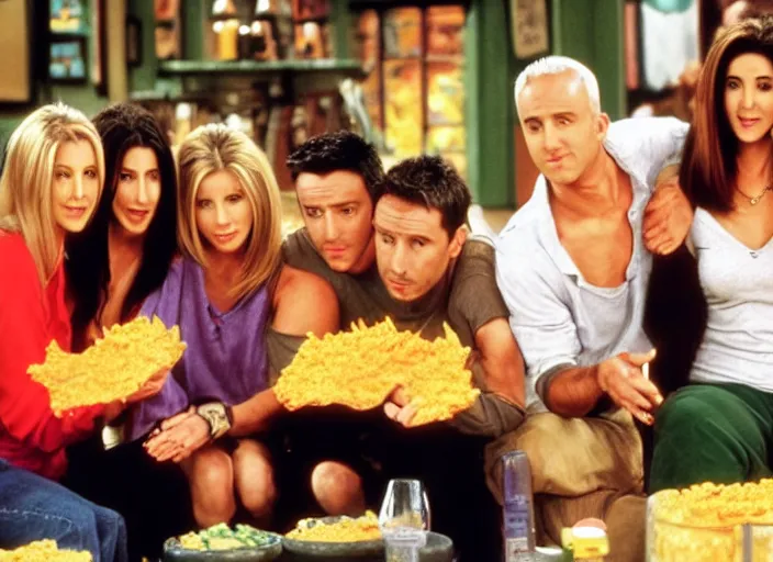 Image similar to the episode of Friends where everyone gets covered with nacho cheese hd