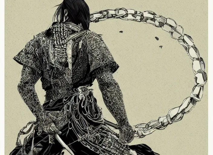 Image similar to A PORTRAIT FROM BEHIND OF A SAMURAI MAN VAGABOND WITH A MOON BEHIND HIM ,THE SAMURAI IS WRAPPED IN CHAINS, manga,detailed, studio lighting, gradation,editorial illustration, matte print, concept art, ink style tattoo sketch digital 2D