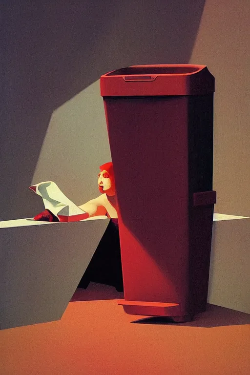 Image similar to woman put the trash bin through her head Edward Hopper and James Gilleard, Zdzislaw Beksisnski, higly detailed