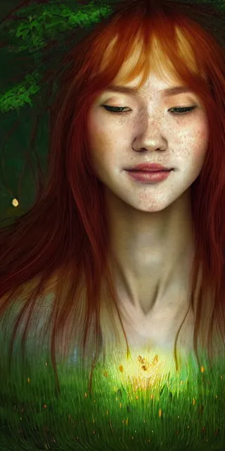 Image similar to infp young woman, smiling, amazed by golden fireflies lights, sitting in the midst of nature fully covered, long loose red hair, intricate linework, green eyes, small nose with freckles, oval shape face, realistic, expressive emotions, dramatic lights, spiritual scene, hyper realistic ultrafine art by cecco del caravaggio and albert bierstadt and artgerm